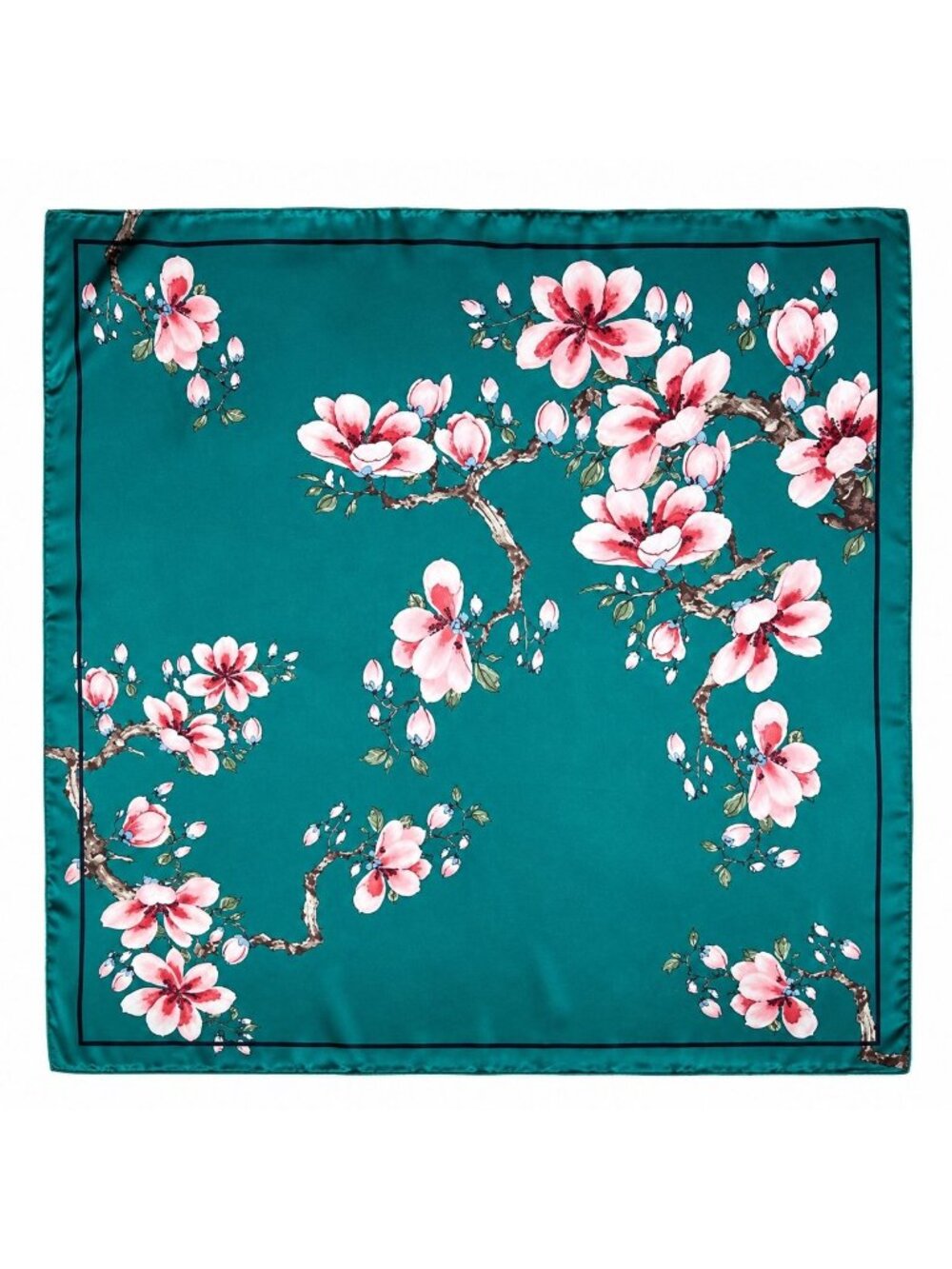 Teal Magnolia Satin Scarf 35x35 Floral Square Hair Neck Head Scarf Women Gift